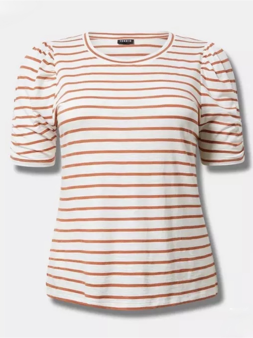 Torrid Striped Cotton Modal Tee with Ruched Sleeves